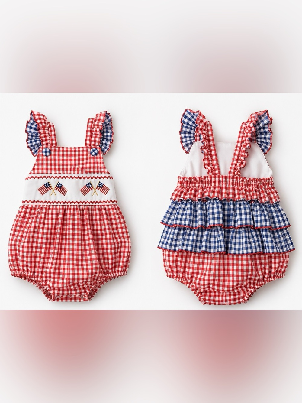 Girls Red & Blue Gingham Ruffle One-Piece Romper